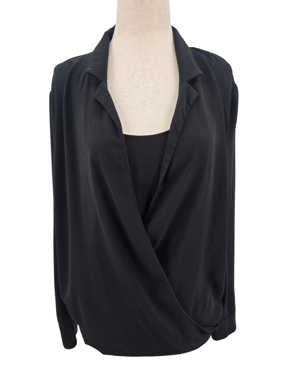 MM Lafleur Black Draped Top Long Sleeved Collar Size Small Office Career Work